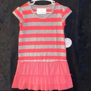 💞 New Girls 5/6 Pink & Grey Striped Tunic Top with Tulle Skirted Trim
